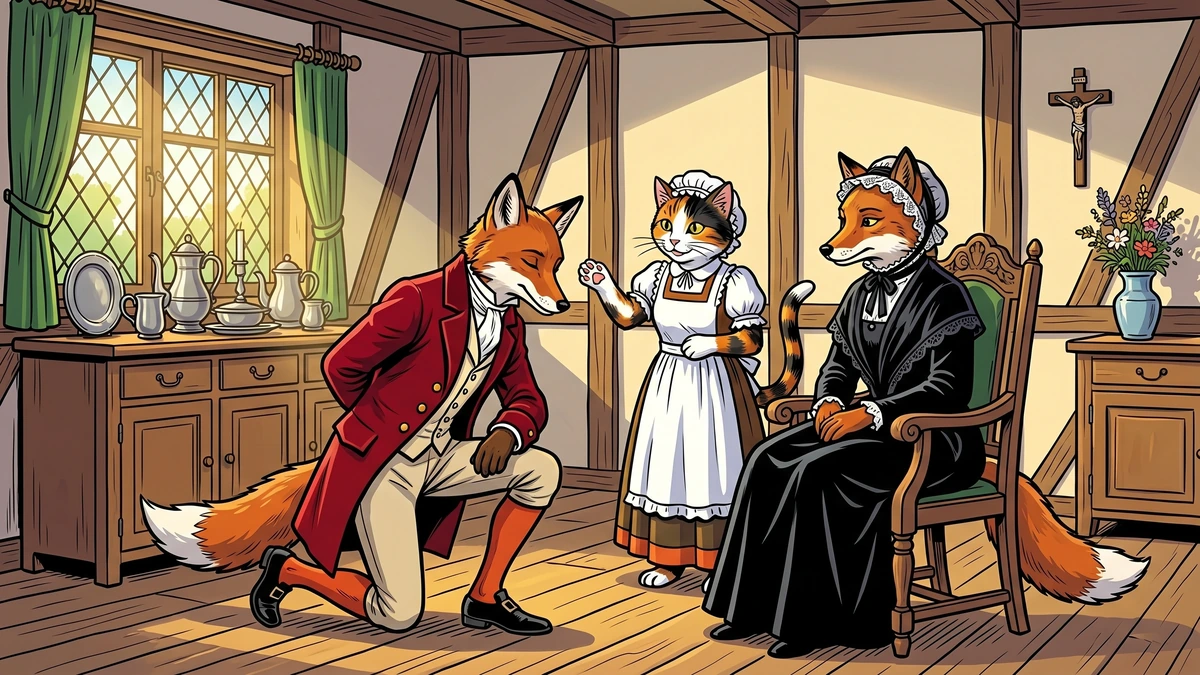 The young fox suitor with rust-orange &lsquo;red stockings&rsquo; bows on one knee before Mrs Fox the widow inside the Hessian parlour. ACK style.