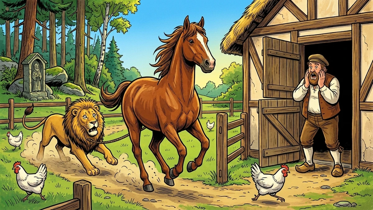 The Fox and the Horse scene 4 - chestnut horse drags tawny lion home as German farmer watches