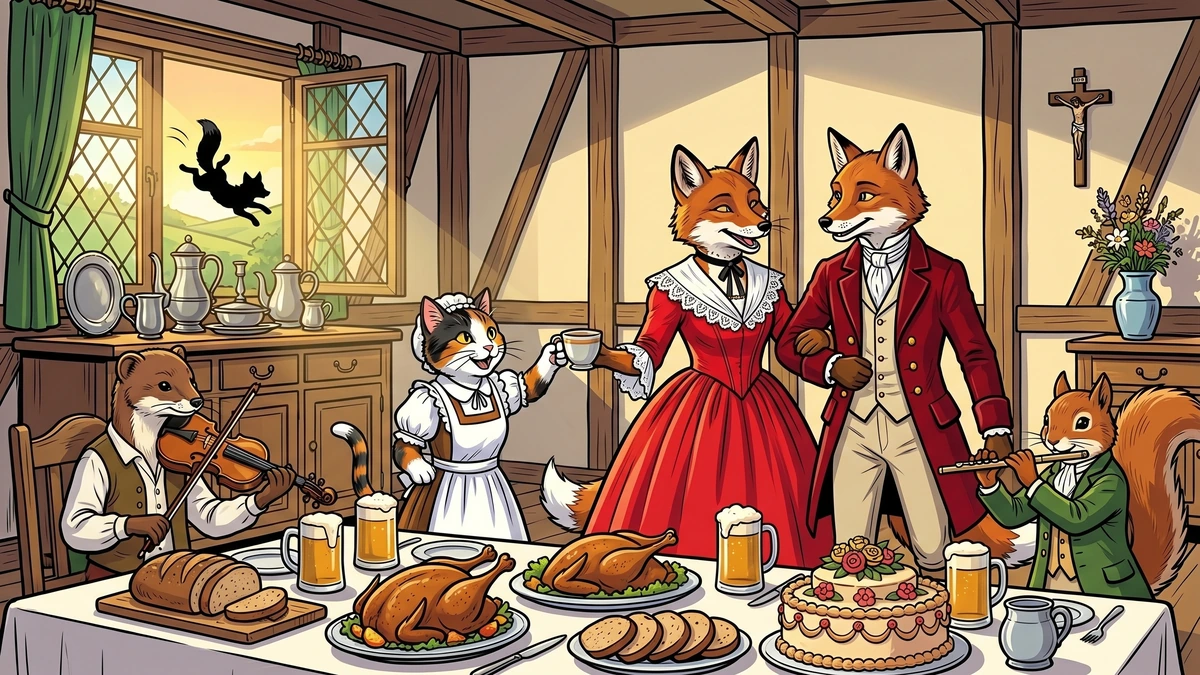 Wedding feast inside the Hessian parlour: Mrs Fox in red wedding gown dances with the young fox while a tiny black silhouette of old Mr Fox tumbles out the open window. ACK style.