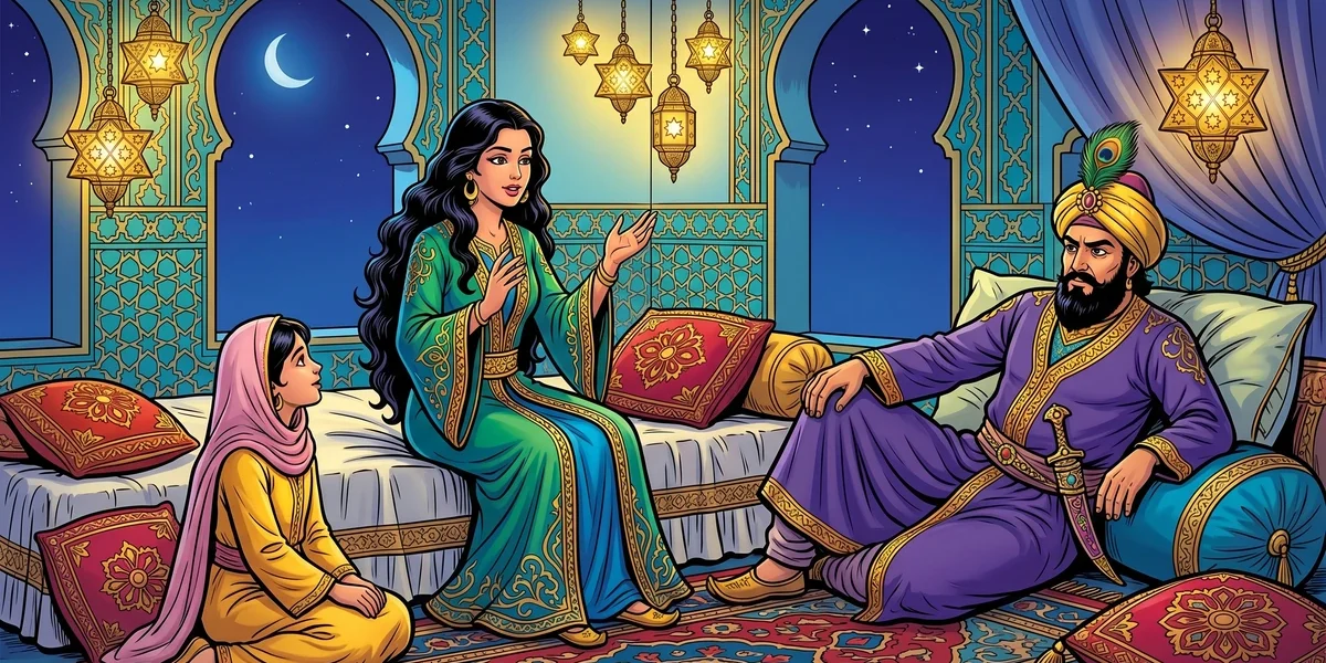 Princess Scheherazade in emerald robe sits in royal Persian Abbasid bedchamber telling a story to King Shahrayar by lamplight while her sister Dunyazad listens at the foot of the bed