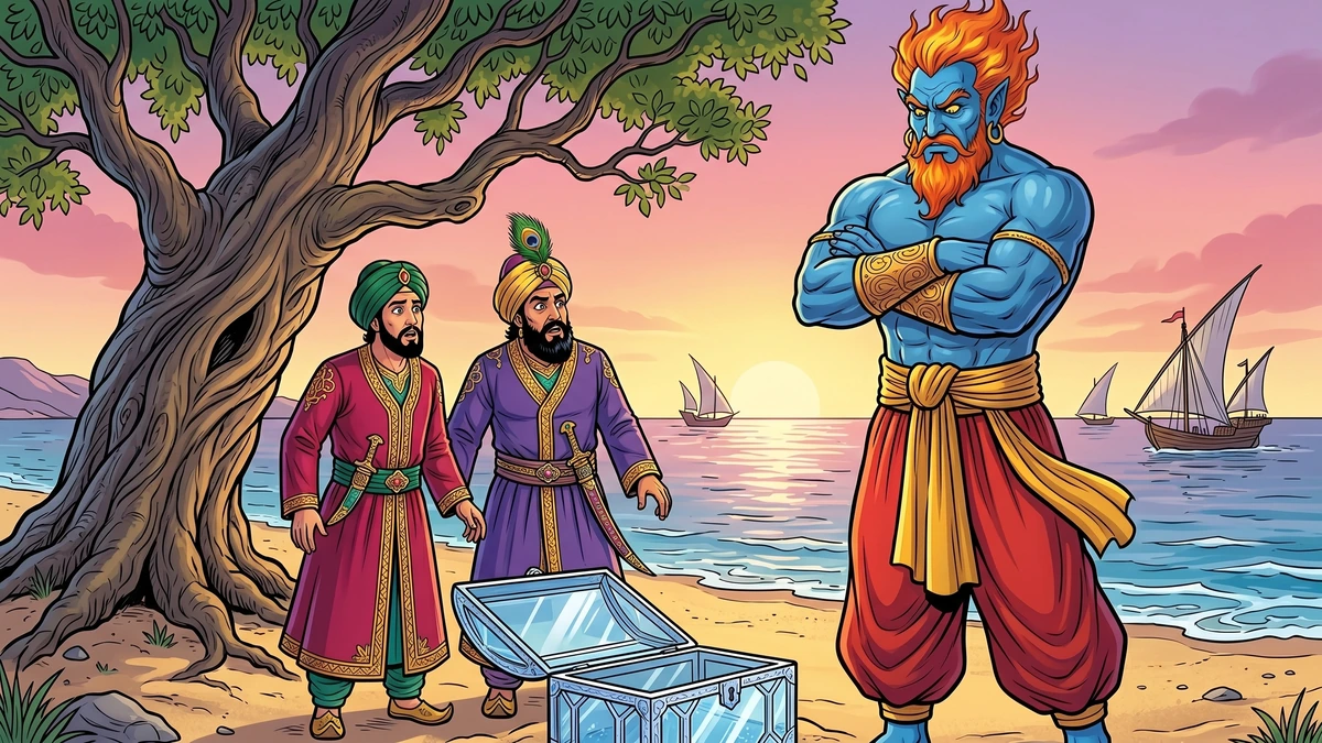 King Shahrayar and King Shahzaman stand under a tree by the sea facing a giant blue Ifrit jinni with a glass chest