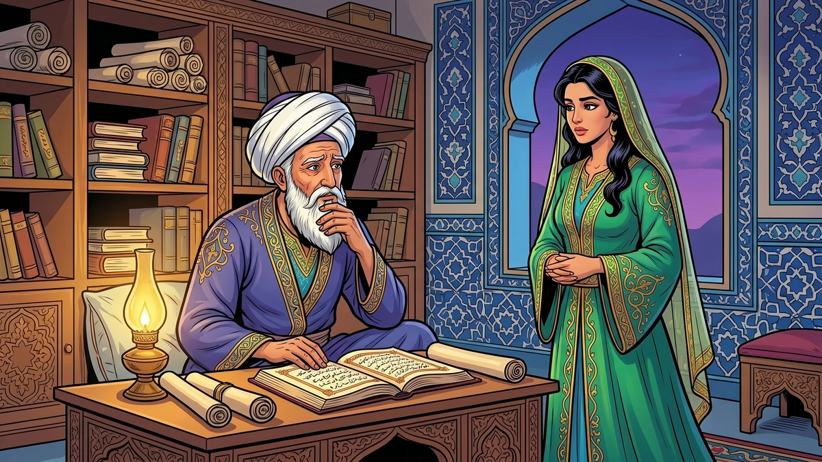 The vizier sits at his desk in a Persian study while Princess Scheherazade stands before him asking to be given in marriage