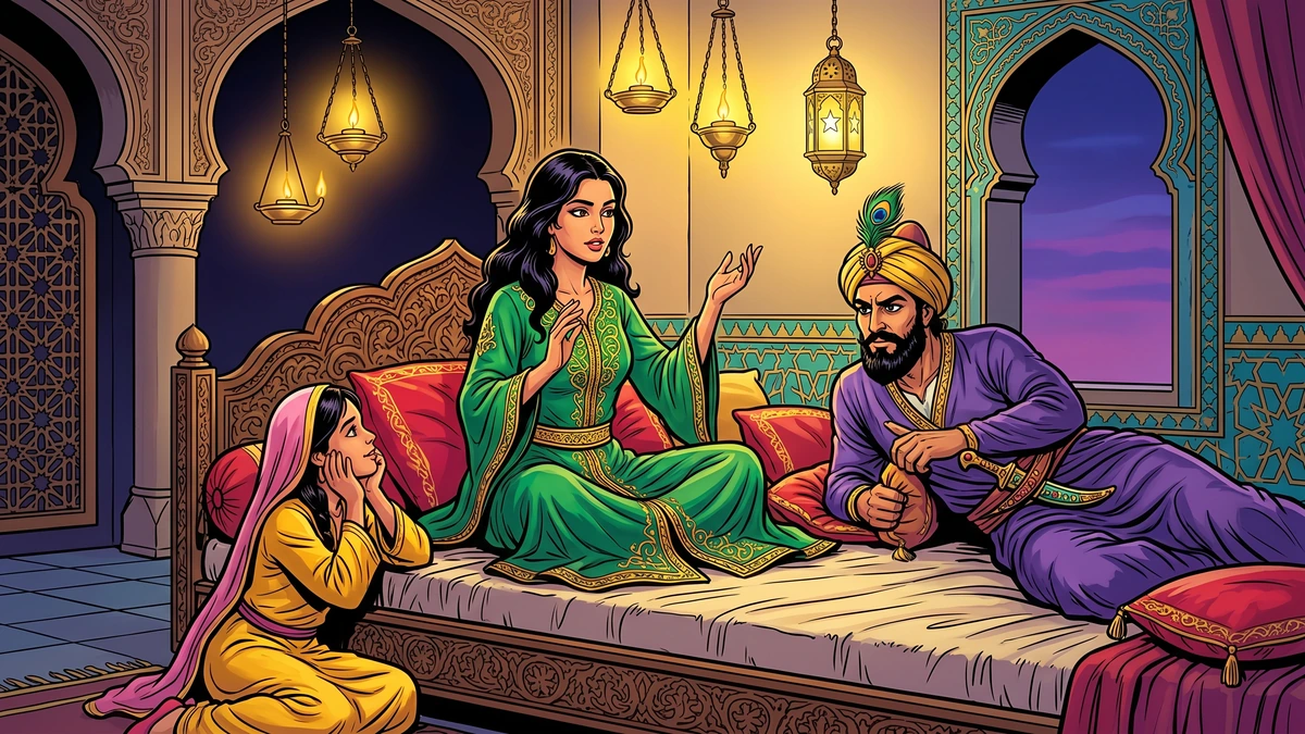 Scheherazade sits on the bed telling her first tale while Dunyazad listens at the foot of the bed and King Shahrayar reclines beside her
