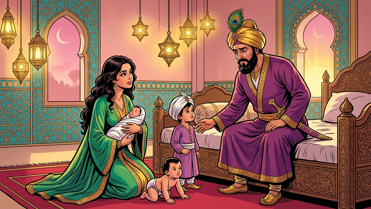 Scheherazade kneels presenting her three sons to King Shahrayar on the final night of the thousand and one nights
