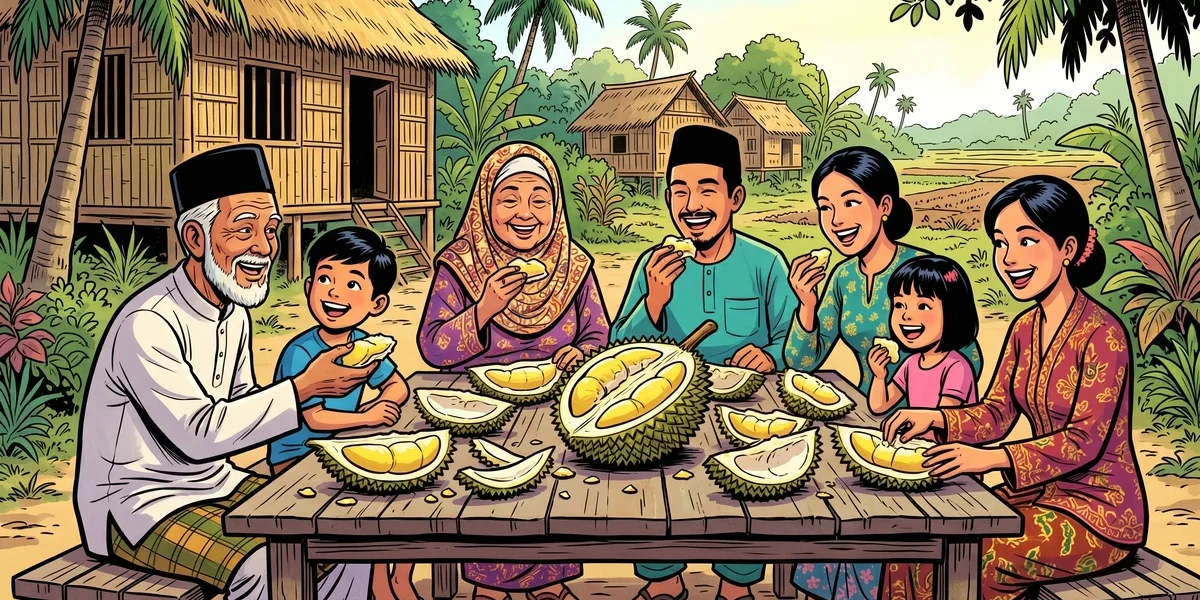ACK-style illustration of a richly dressed Malay merchant standing on a traditional perahu ship at a harbor while villagers watch from the dock
