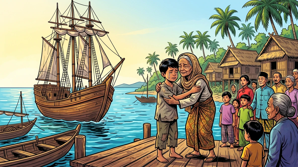Young Si Tanggang as a poor boy setting sail on his first sea voyage - ACK style illustration