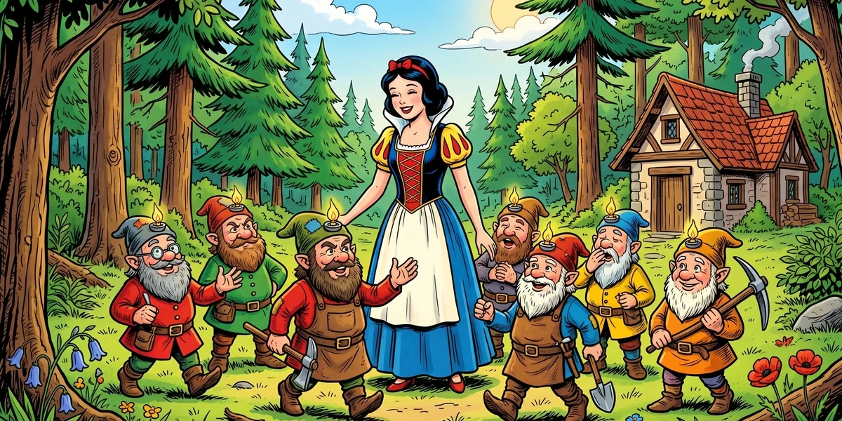 Snow White and the Seven Dwarfs (KHM 53) Amar Chitra Katha cover - princess in red bodice and yellow skirt with seven bearded miner dwarfs in pine forest before timber cottage