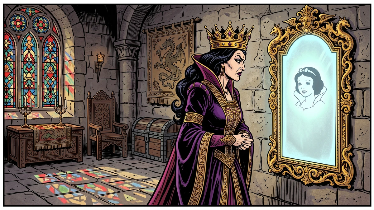 Wicked queen and magic mirror — KHM 53 scene 1