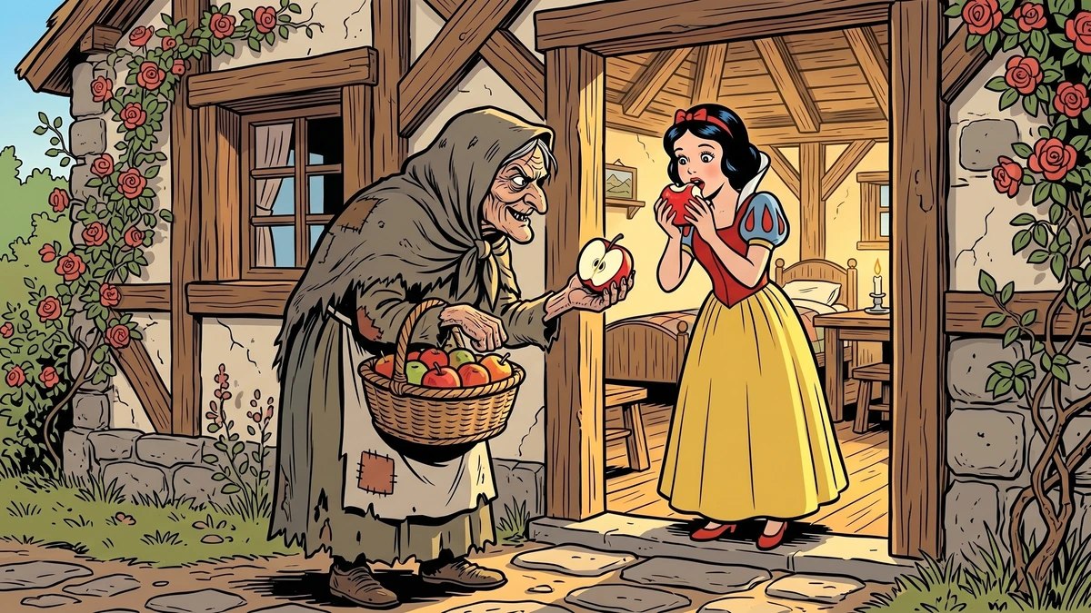 Disguised queen offering the poisoned apple — KHM 53 scene 4