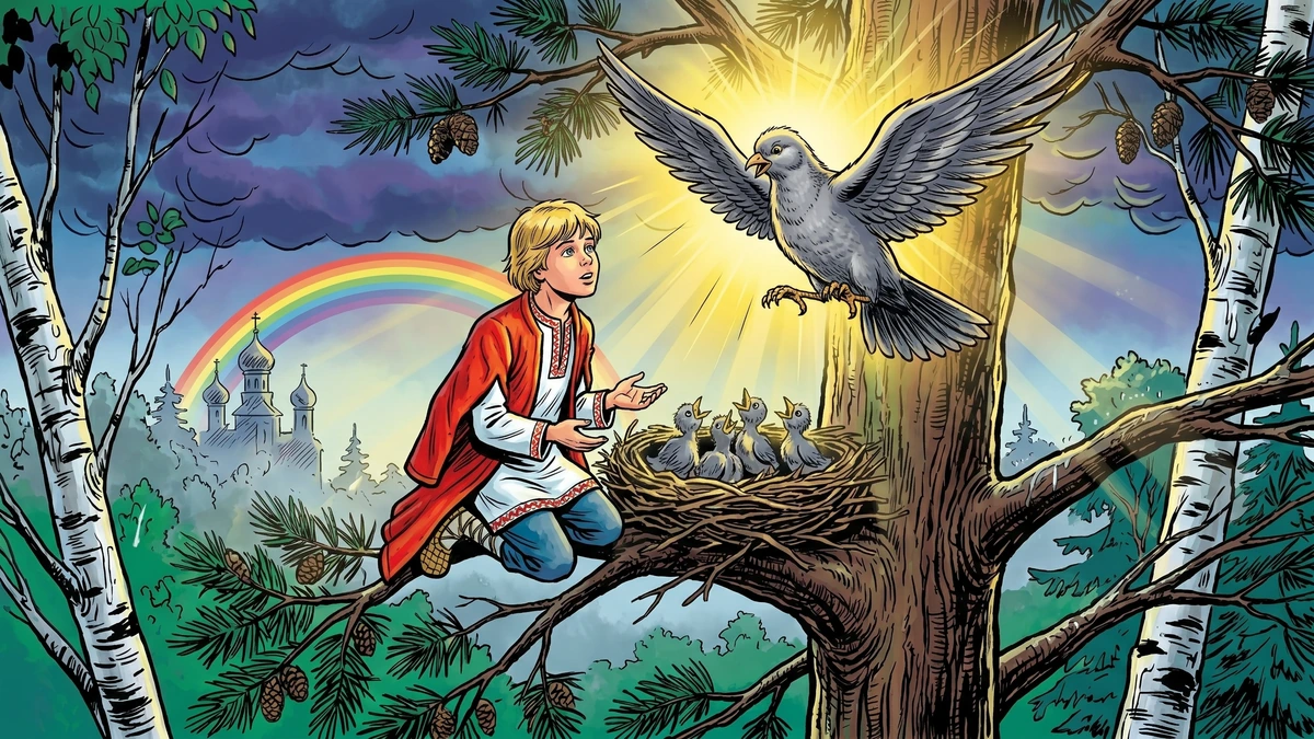 Mother bird hovers above kneeling Ivan in wet birch forest granting the gift of bird-speech under golden sunbeams and rainbow