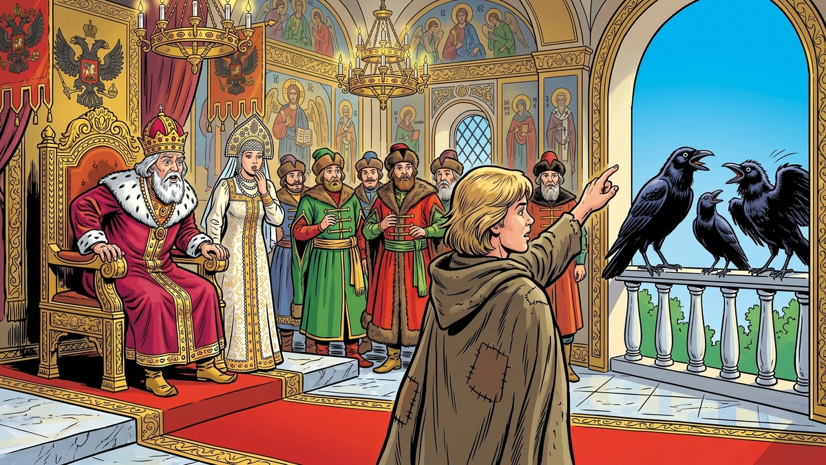 Young Ivan in beggar travel cloak announces judgement to old king on throne while three crows quarrel on balcony