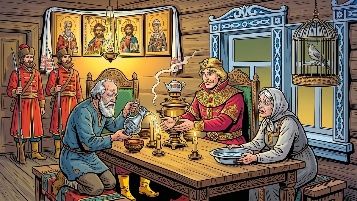 Tsar Ivan in royal crimson caftan with his old merchant father pouring water and white-haired mother holding silver basin