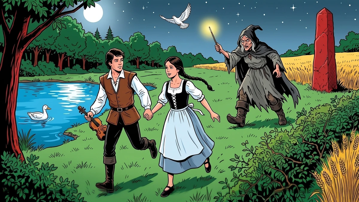 Sweetheart Roland scene 1: dawn flight from the witch's Hessian cottage, the maiden carries the stolen magic wand, Roland with her, mist rising in the pine forest