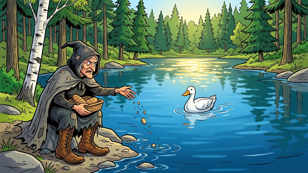 Sweetheart Roland scene 2: the wicked witch in many-league boots throws breadcrumbs at the white duck on the Hessian forest lake, the maiden's first transformation