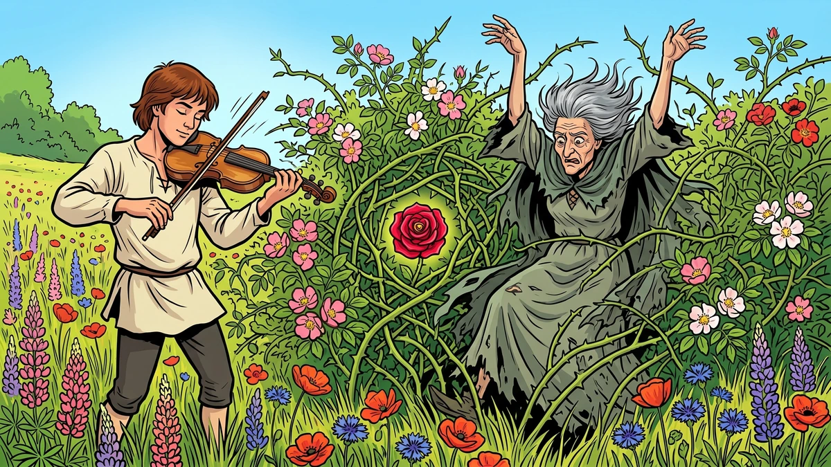 Sweetheart Roland scene 3: Roland transformed into a fiddler plays as the witch dances helplessly in the briar-hedge of pink-and-red wild roses, exhausted by the magical music