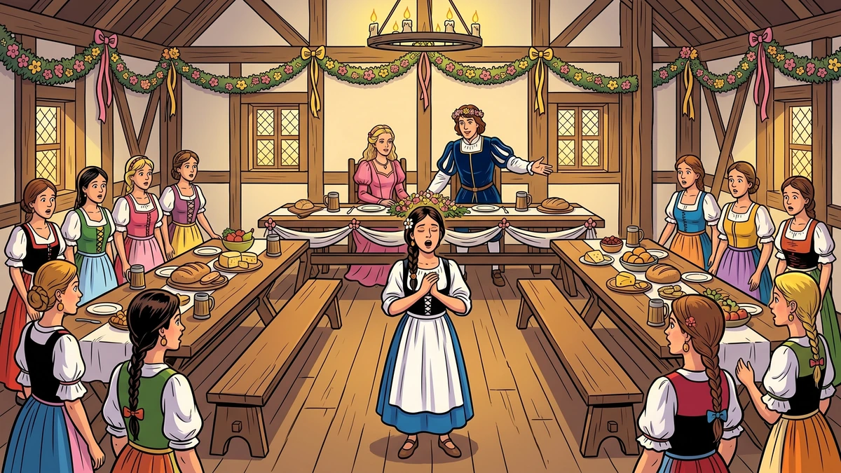 Sweetheart Roland scene 4: recognition by song at the wedding, the faithful peasant maiden in white-and-blue sings as Roland springs to his feet recognising her voice in the timbered Hessian Fachwerkhaus hall