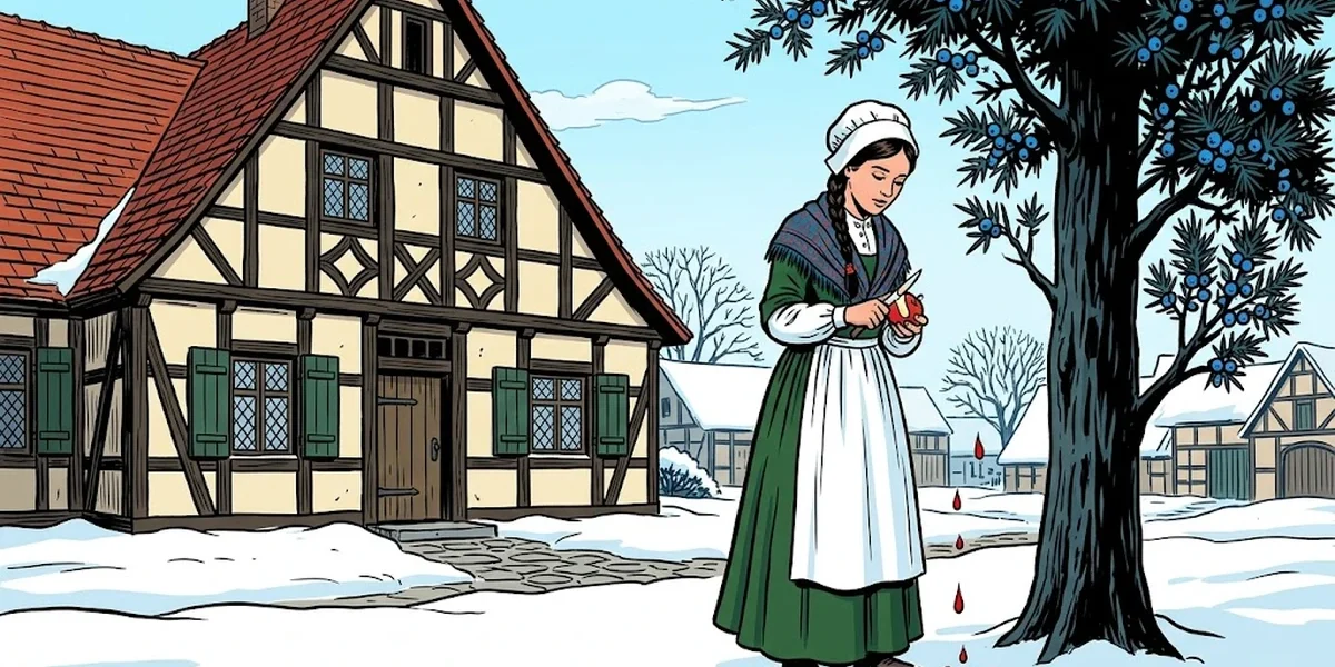 Cover: peasant woman beneath the juniper-tree, drops of blood on snow