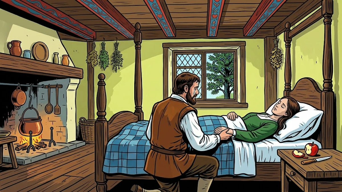 Dying mother and grieving husband by the juniper-tree