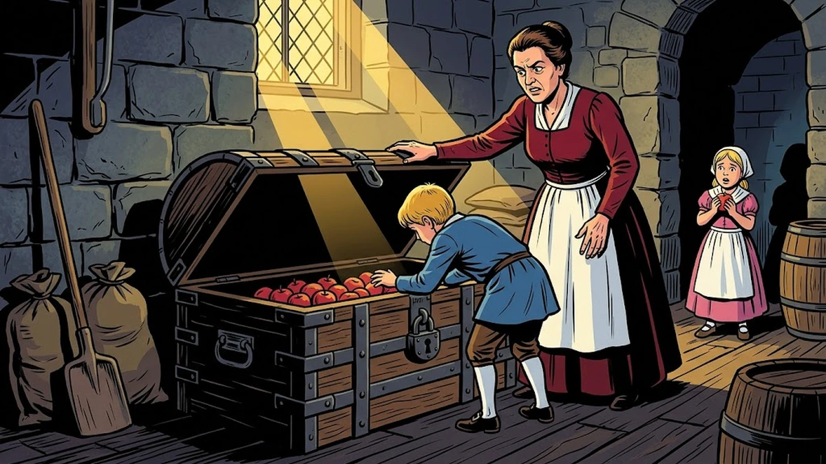Stepmother lifts the iron chest lid as the boy reaches inside