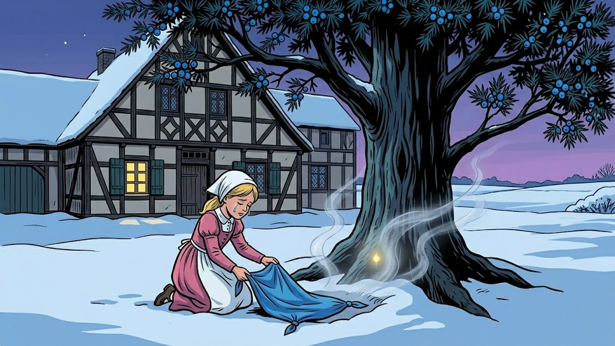 Marlinchen lays the bones beneath the juniper-tree at twilight