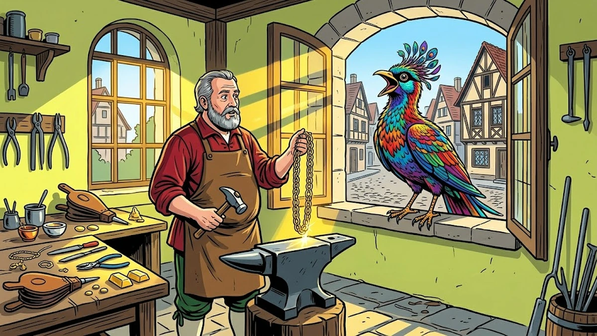 The colorful bird sings on the goldsmith's windowsill