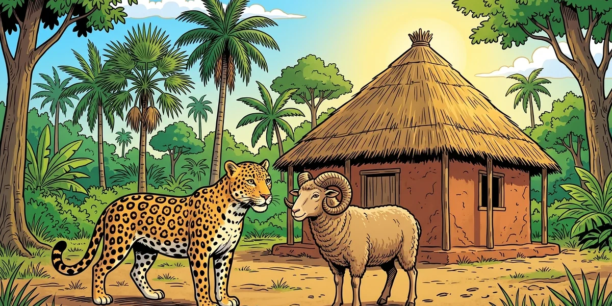 A leopard and a ram stand together before their thatched house in a Gold Coast forest clearing.
