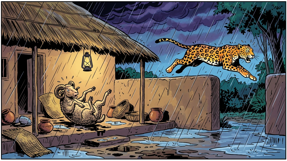 A slip on the rain-wet floor: the leopard, primed by his son's warning, bolts in terror over the wall.