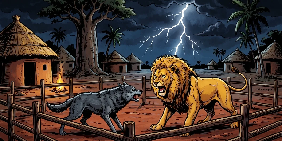 A lion and a wolf face each other in a West African Akan village as lightning splits the night sky.