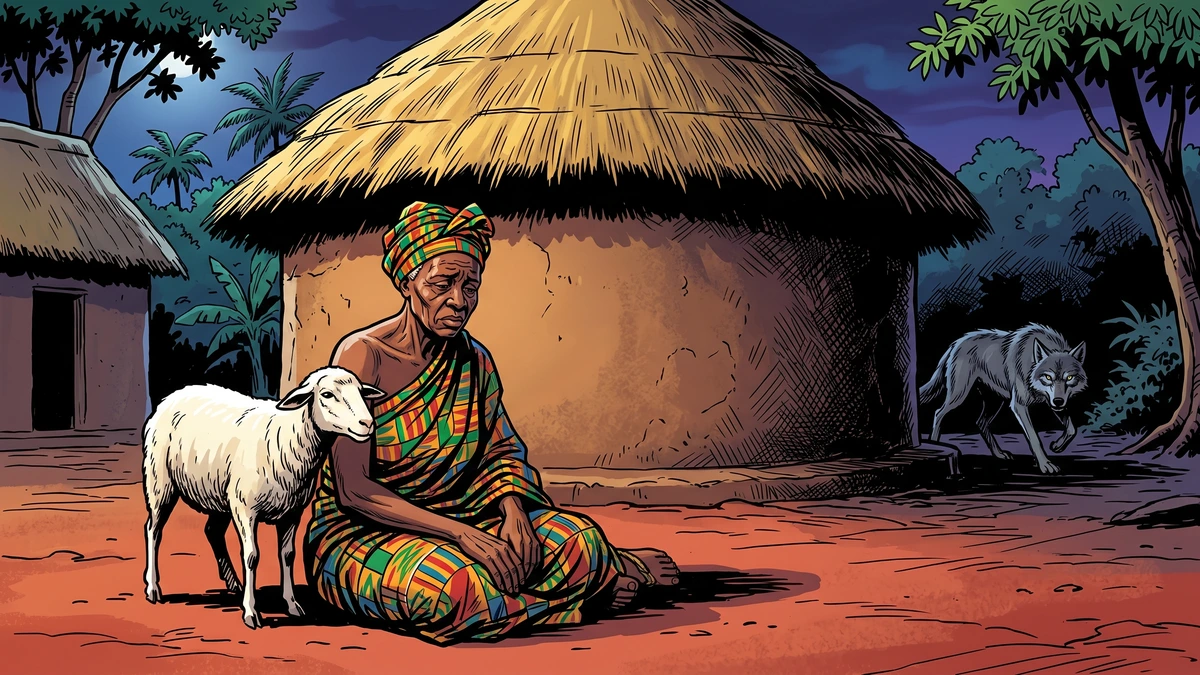 An elderly Akan woman grieves beside her last sheep as a wolf prowls in the shadows of her village.