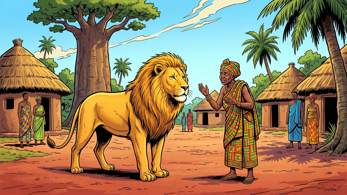 A majestic lion stands in an Akan village clearing, listening as an old woman tells him her trouble.