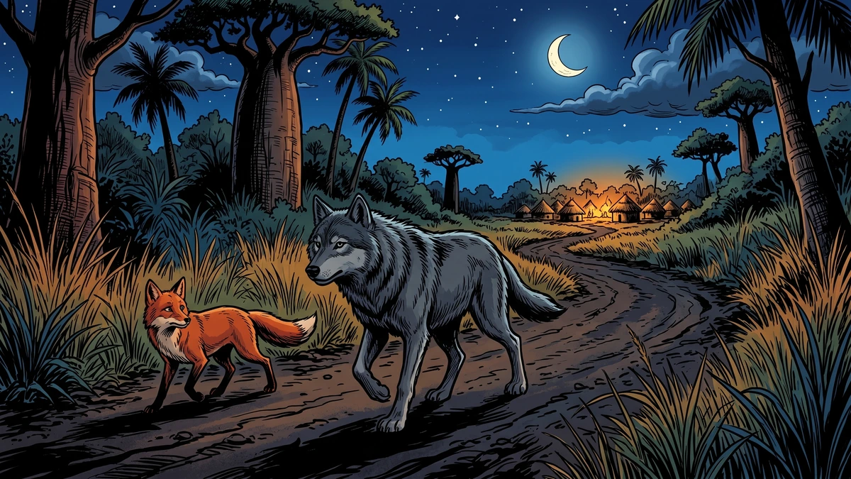 A bold grey wolf and a wary fox walk a moonlit West African bush path toward a distant village.