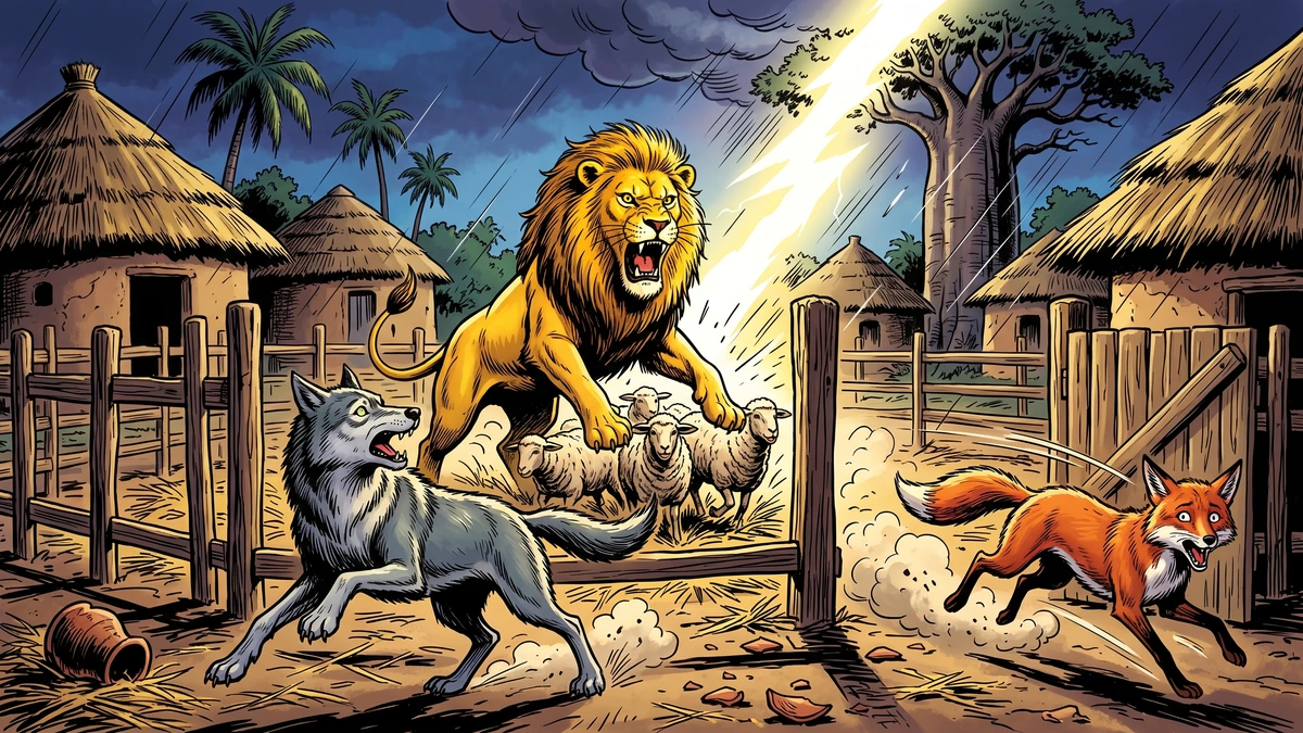 A flash of lightning reveals a roaring lion in the sheep-pen as the wolf recoils and the fox flees.