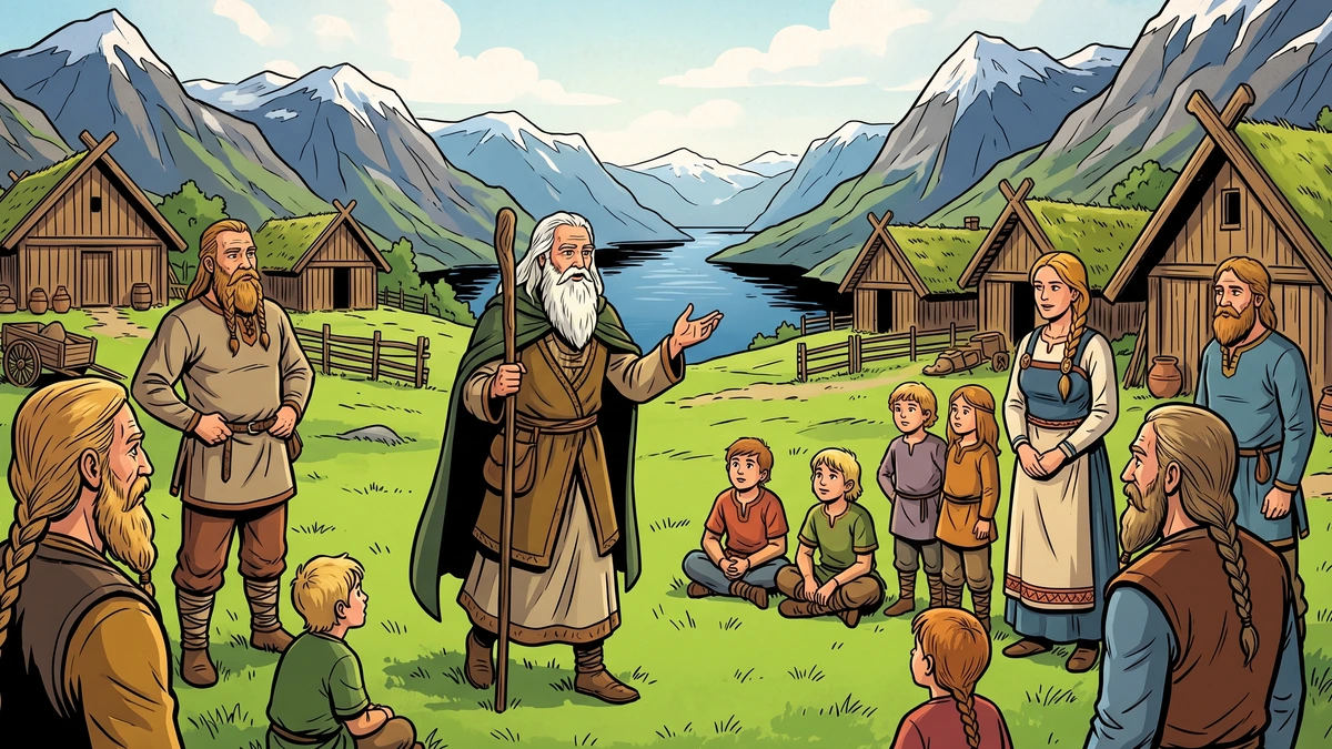 Kvasir, the wisest man ever made, teaching wisdom freely to a Viking village