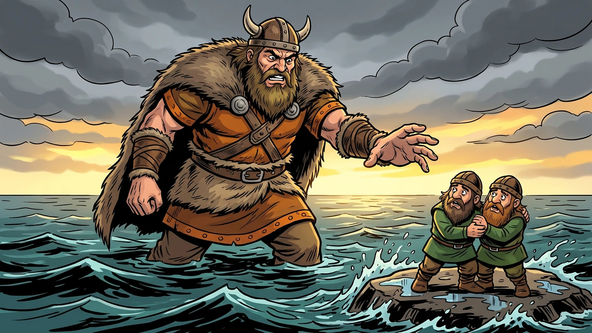 The giant Suttung demands the Mead of Poetry from the dwarfs on a tidal skerry