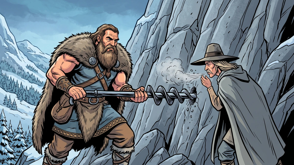The giant Baugi drilling into Mount Hnitbjorg with the auger Rati as Odin watches