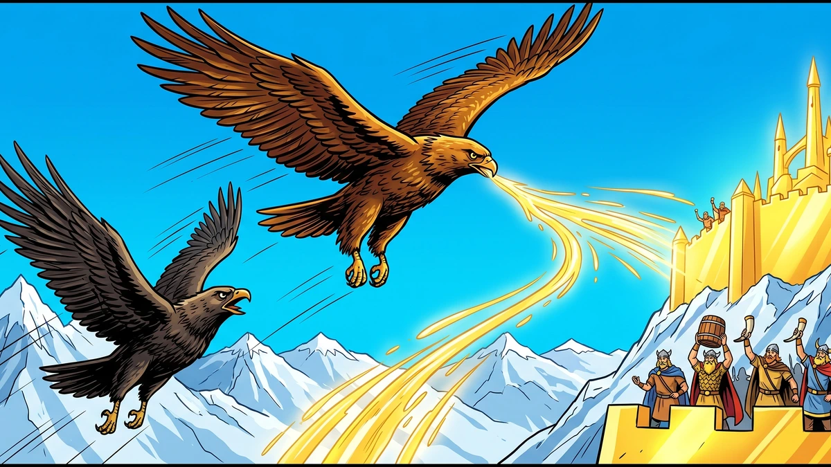 Odin as an eagle carrying the Mead of Poetry to Asgard, pursued by the giant Suttung