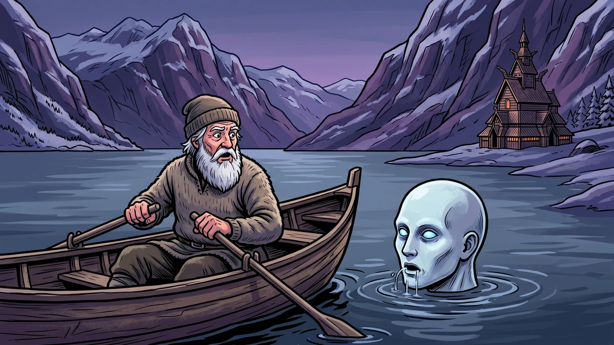 A lone old Norwegian fisherman in a wooden boat as a mysterious head rises from the fjord at dusk