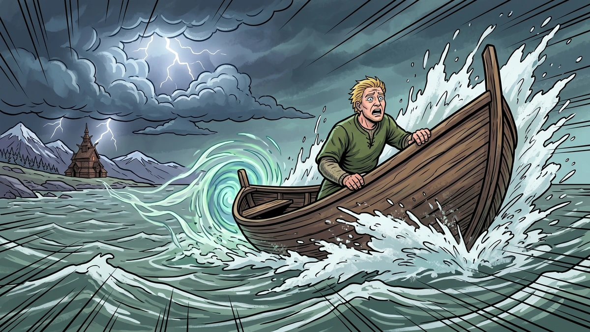 The enchanted boat carrying the young Norwegian hero is dragged across a stormy sea toward Whiteland