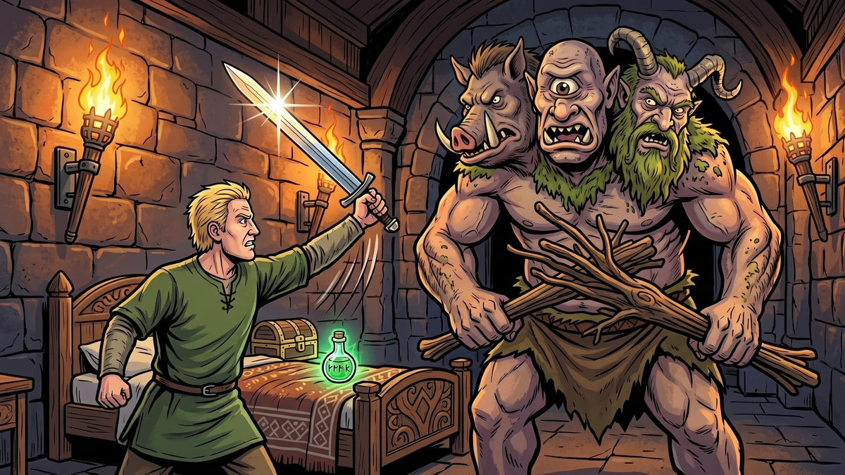 The young hero raises a gleaming sword against a three-headed Norse troll in the torchlit castle of Whiteland