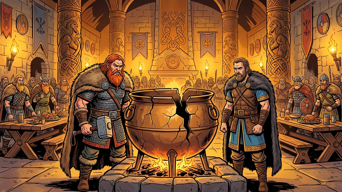 The cracked brewing cauldron of the gods stands broken in a torchlit Norse feast hall, the mishap that sends Thor on his quest.