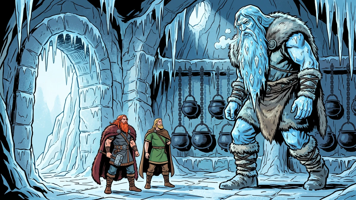 Thor and the one-handed god Tyr stand before the towering frost giant Hymir in his ice-bound hall, rows of kettles hanging behind them.