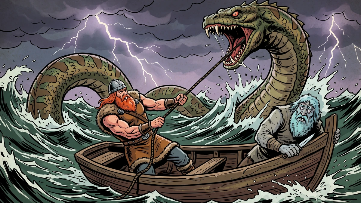 Thor braces in the boat and hauls the Midgard Serpent's head above the storm-tossed sea while the terrified giant Hymir reaches for his knife.