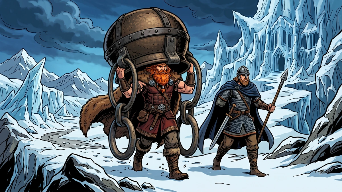 Thor strides home from Jotunheim carrying the enormous bronze cauldron over his head like a hood, the god Tyr walking at his side.